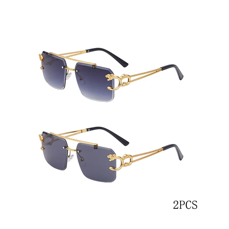 Fashion Metal Leopard Rimless Sunglasses Double Bridges Gradient Ocean Film Shades UV400