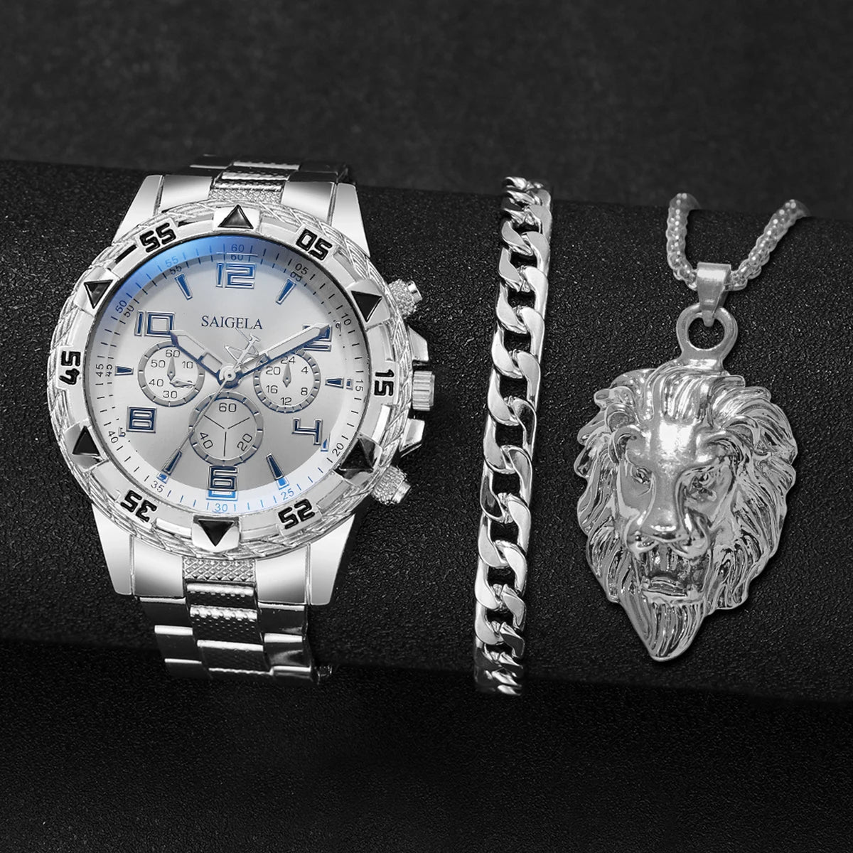 3PCS/Set Fashion Steel Band Men's Watches Arabic Dial Man Business Watches Jewelry Set Relogio Masculino（Box Not Included ）