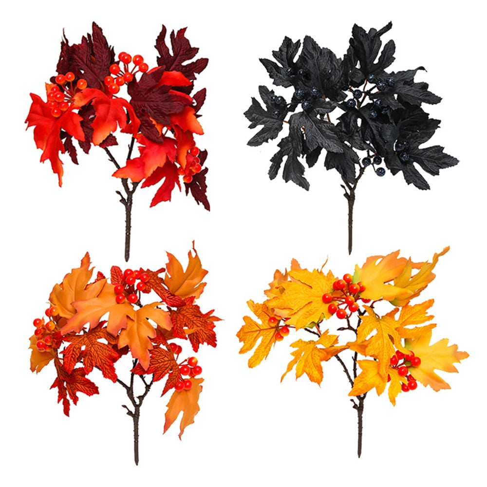 34cm Artificial Maple Leaves Branch Autumn Plants Fake Pinecone Red Berries Silk Leafs for Home Outdoors Halloween  Decor