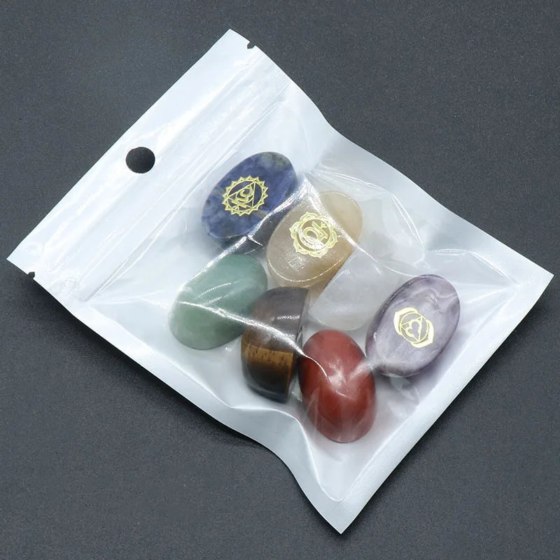 Set of 7 Pieces Natural Stones  Pendulum Reiki Healing Stones Engraved  Seven Chakra Symbols Reiki Healing Gems