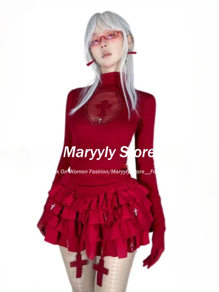 Women Y2k Clothing High Neck Dark Gothic Cross Hollow Slim Bottom Knitted Shirt Halloween Costume Long Sleeve Sexy T-shirt New