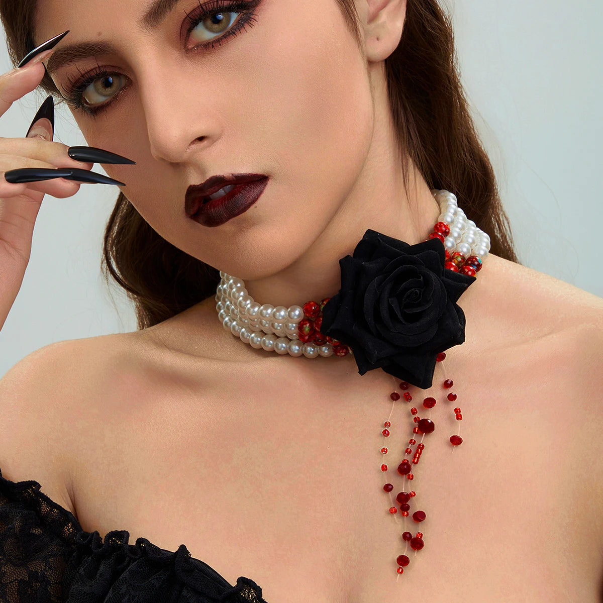 Ingemark Multilayer Imitation Pearl Rose Flower Clavicle Chain Necklace Women Goth Red Crystal Pendant Choker Halloween Jewelry