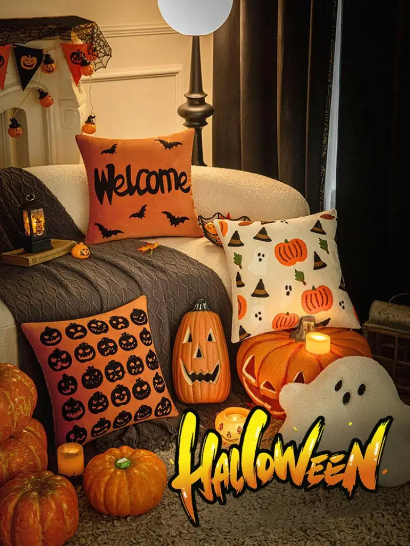 30x50/45x45cm Halloween Embroidery Pillowcase Home Holiday Decoration Sofa Pillow Cover Living Room Plush Orange Cushion Covers