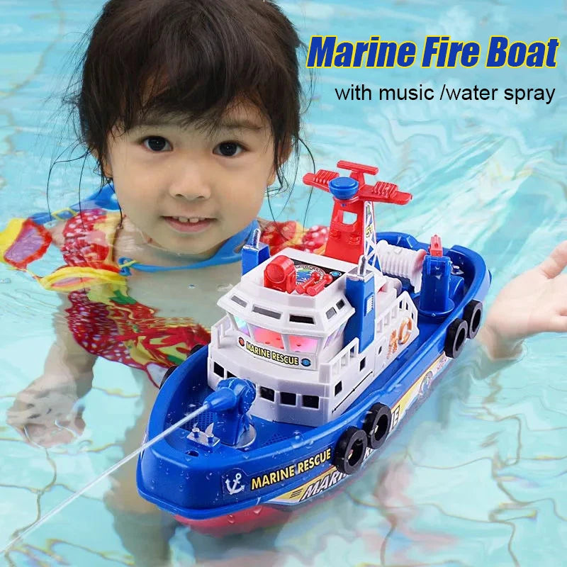 Electric Marine Rescue Boat Toy Fire-fighting Boat Bathing Speedboat Toy with Sound Light Up Toys for Kids Spray Water Swim Pool