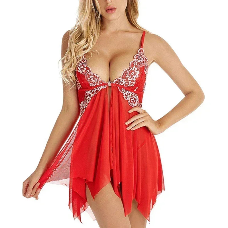 Lace Front Closure Sleepwear Women Sexy Lingerie Dress Babydoll Transparent Mesh Nightdress Erotic Clothing Erotic Sleepwear