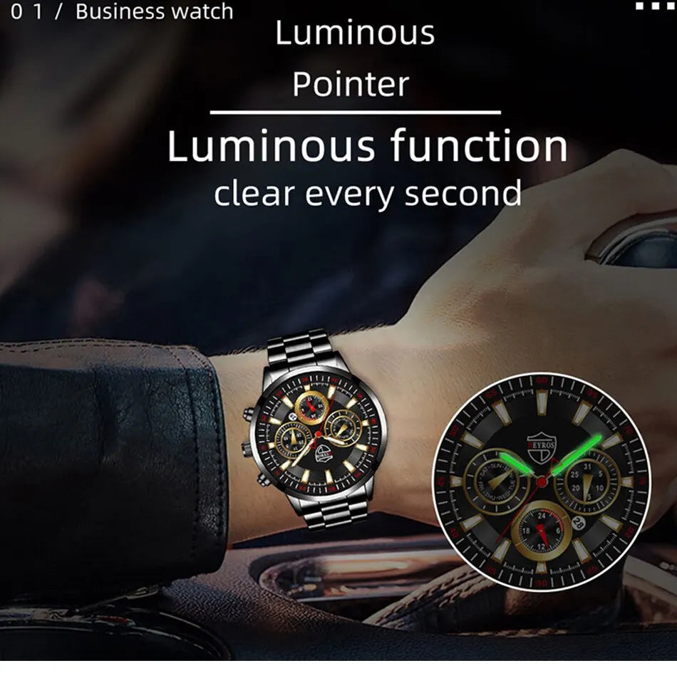 Fashion Men's Watches Business Stainless Steel Quartz Wrist Watch Male Casual Date Luminous Leather Bracelet Clock