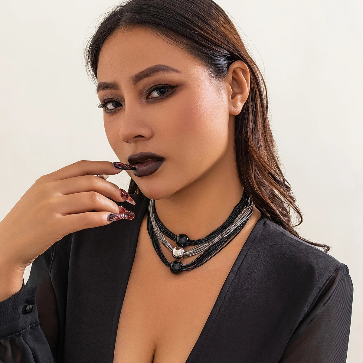 IngeSight.Z Gothic Multi Layered Mixed Color CCB Big Ball Choker Necklace Women Punk Black Box Chain Necklace Halloween Jewelry