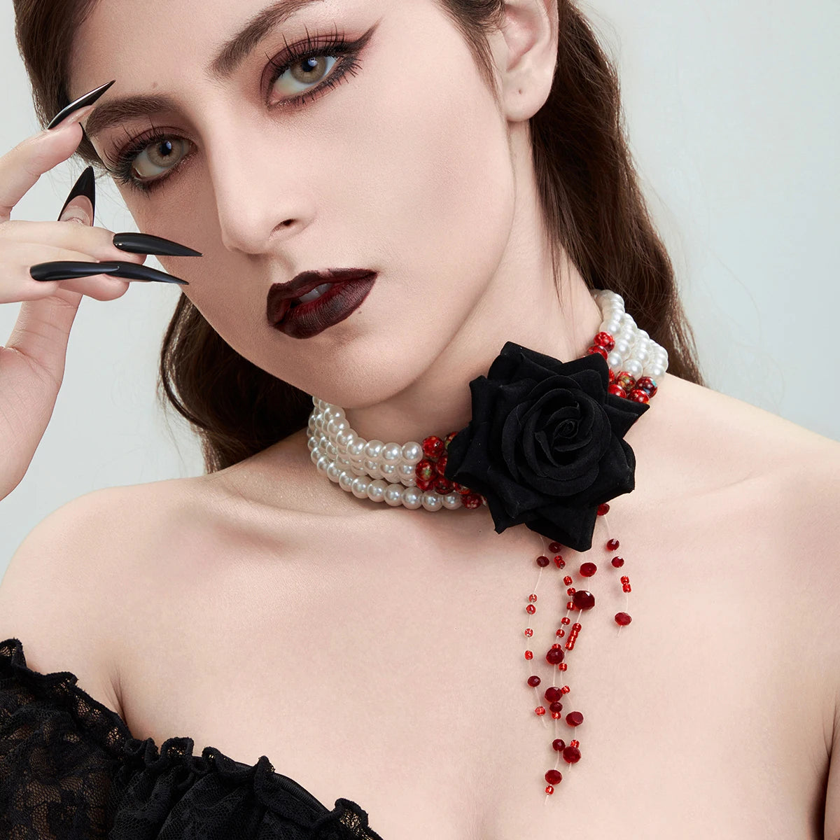 Ingemark Multilayer Imitation Pearl Rose Flower Clavicle Chain Necklace Women Goth Red Crystal Pendant Choker Halloween Jewelry