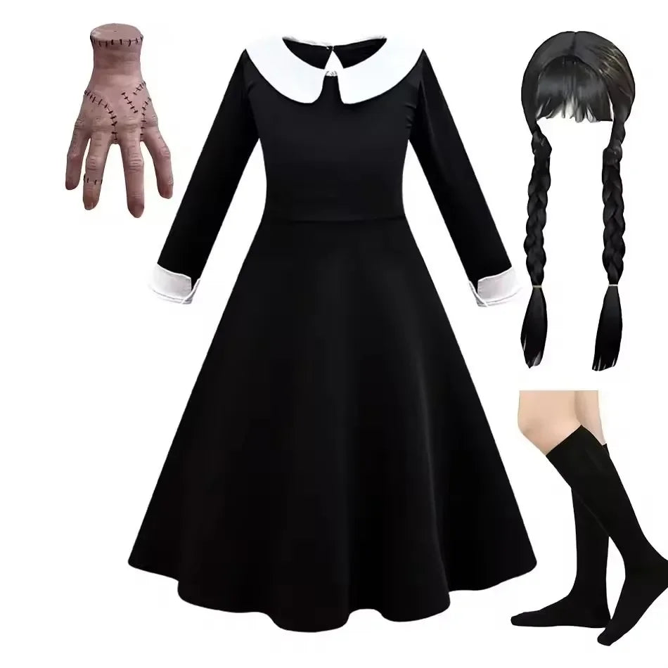 Black Dress Girls TV Series Role Playing Halloween Costume Toddler Adams Weirdo Family Cosplay Apparel
