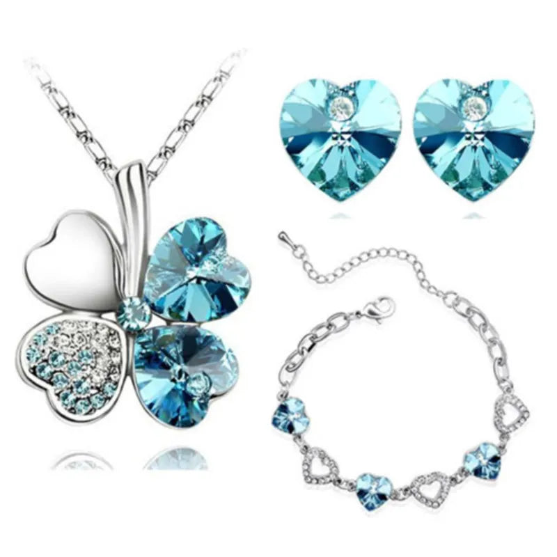 Crystal Clover 4 Leaf leaves Floating heart pendant quality Necklace bracelet Earring fashion jewelry set birthday gift girl wed