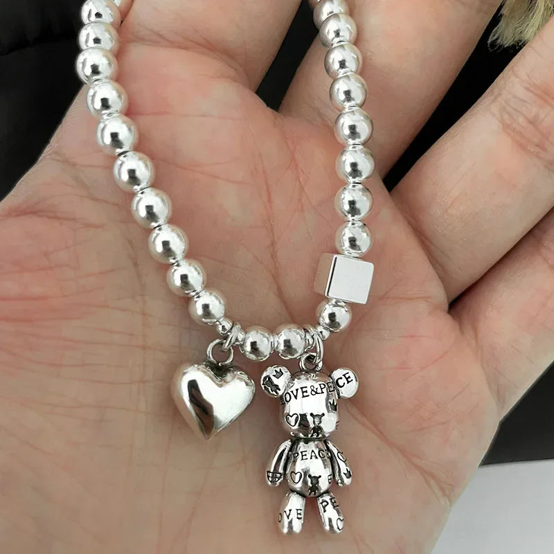 925 Sterling Silver Bracelets for Women String of Beads Accessories Trend Vintage Simple Cute Bear Pendant Party Jewelry  팔찌