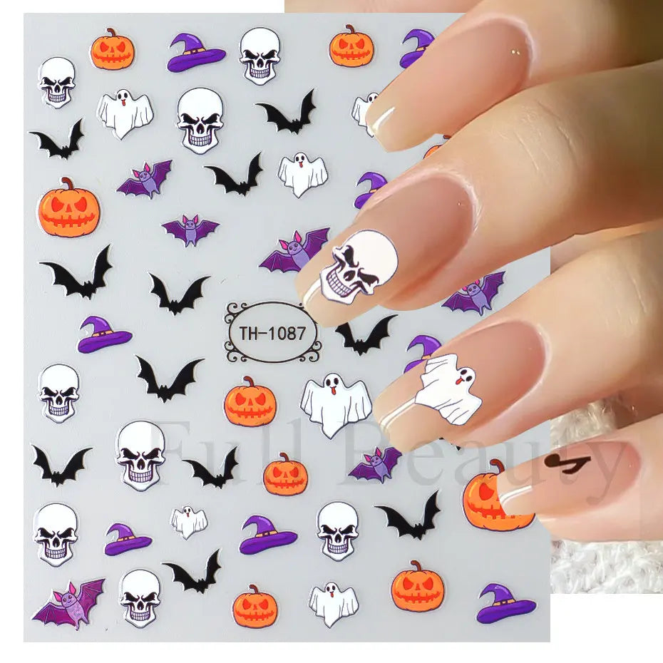 Nail Stickers Halloween Series Bat Skull Bone Ghost Pumpkin Pattern 3D Self Adhesive Decals For Nails Manicure Decoration LATH