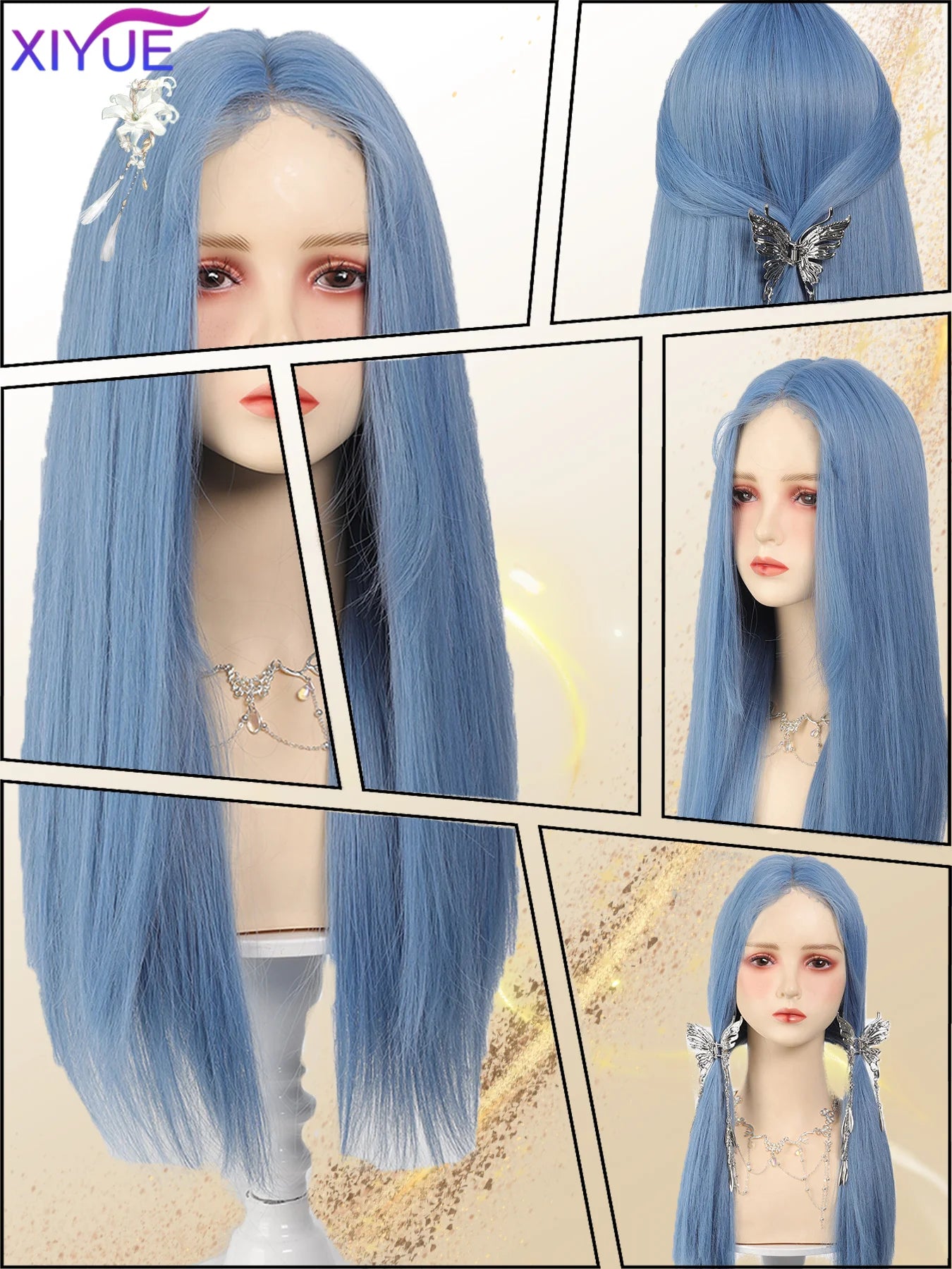 Lace Front Wig Long Straight Synthetic Wigs Light Blue with Ash Highlight Cosplay Wig with Women 、Natural Hair Heat Resistant