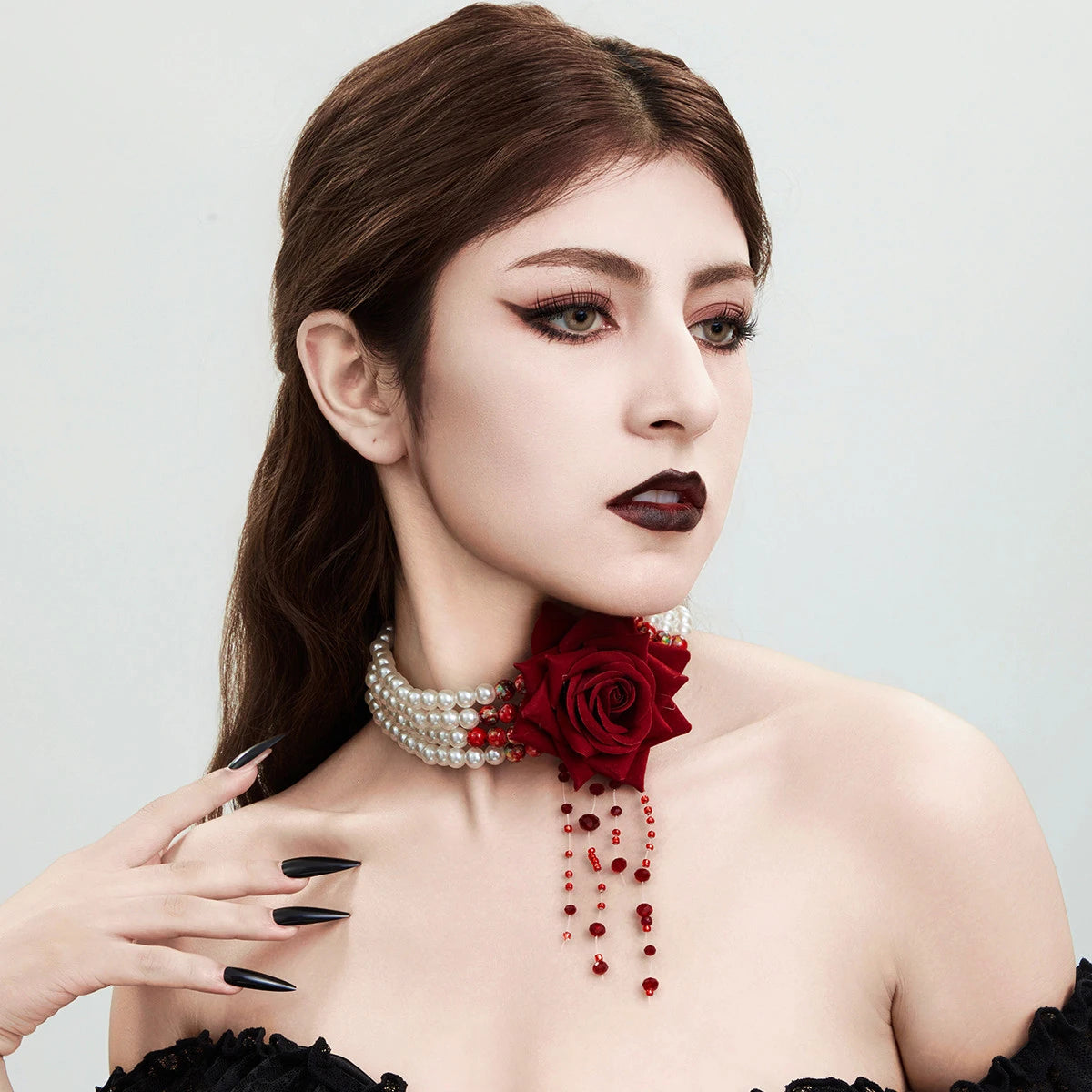 Ingemark Multilayer Imitation Pearl Rose Flower Clavicle Chain Necklace Women Goth Red Crystal Pendant Choker Halloween Jewelry