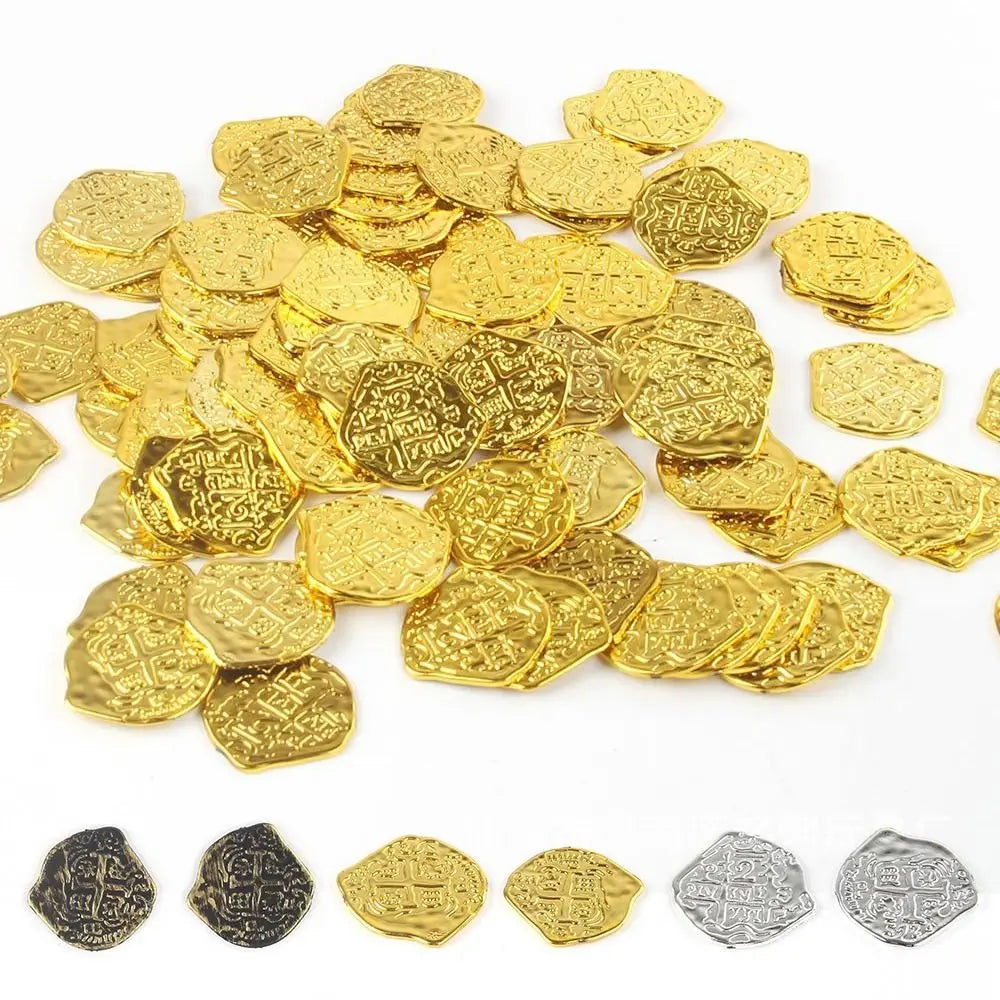 100PCS Gold Silver Halloween Pirate Treasure Coins Festival Ornament 3.7*3.5cm Toy Coins Party Supplies Photo Props