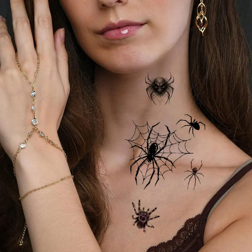10Pcs Halloween Temporary Tattoo Stickers For Women Men Waterproof Spider Web Fake Tattoos For Face & Body Makeup