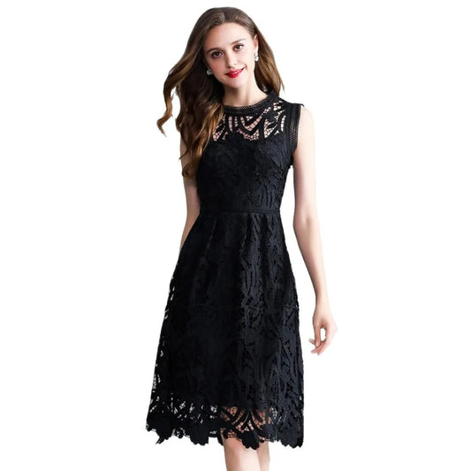 2023 summer new European and American large size women's solid color sleeveless openwork embroidery lace A word dress
