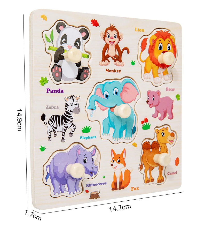 Wooden Puzzle Montessori Toys for Kids Cartoon Animal Traffic Hand Grab Boards Early Learning Educational Toys for Children