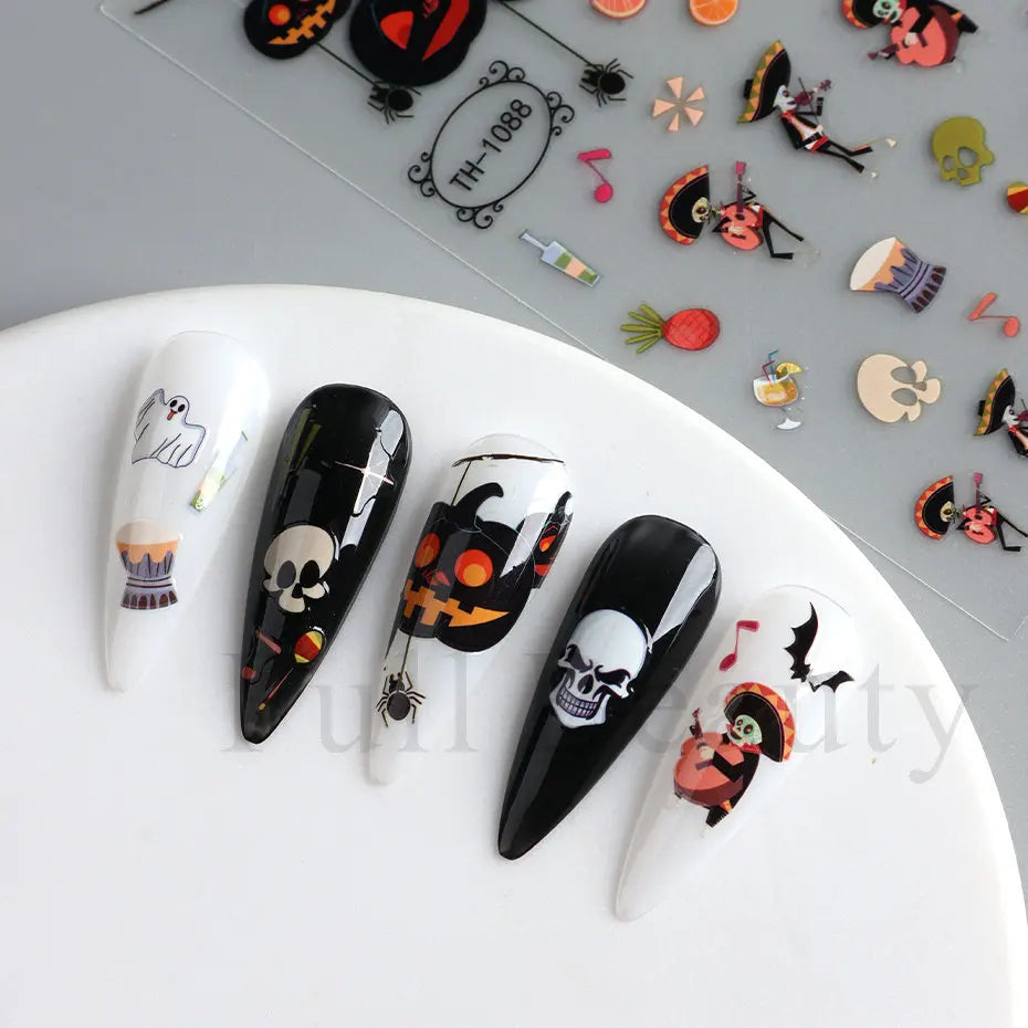 Nail Stickers Halloween Series Bat Skull Bone Ghost Pumpkin Pattern 3D Self Adhesive Decals For Nails Manicure Decoration LATH