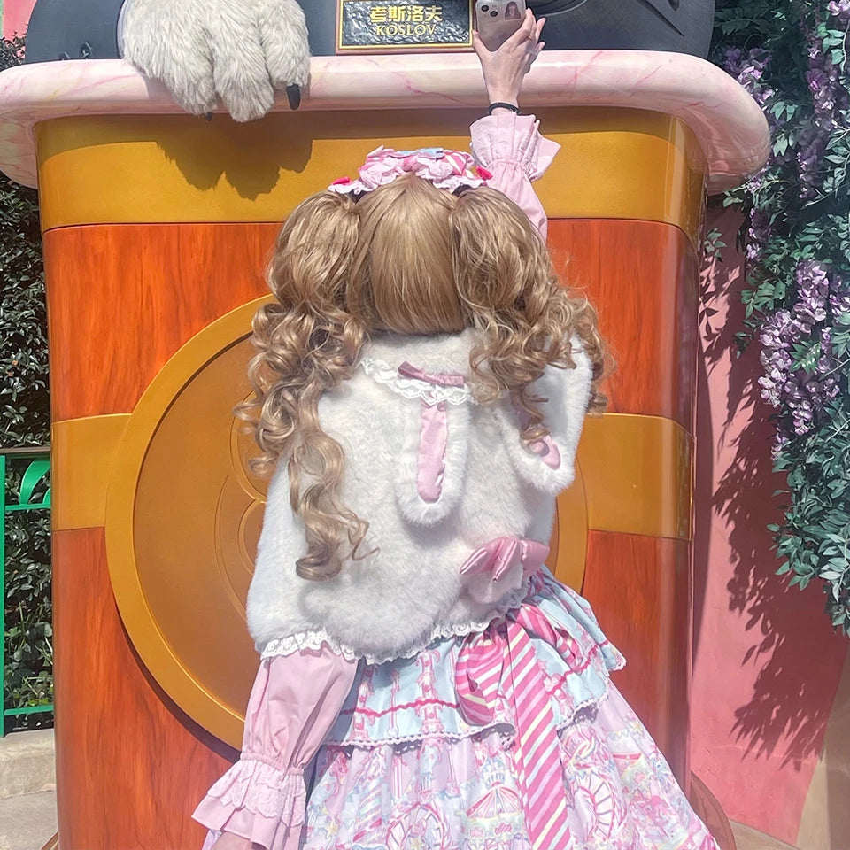 Synthetic Short Lolita Cosplay Christmas Halloween Bob Brown Blonde LM Wig With Long Curly Ponytail Natural Fake Hair for Women