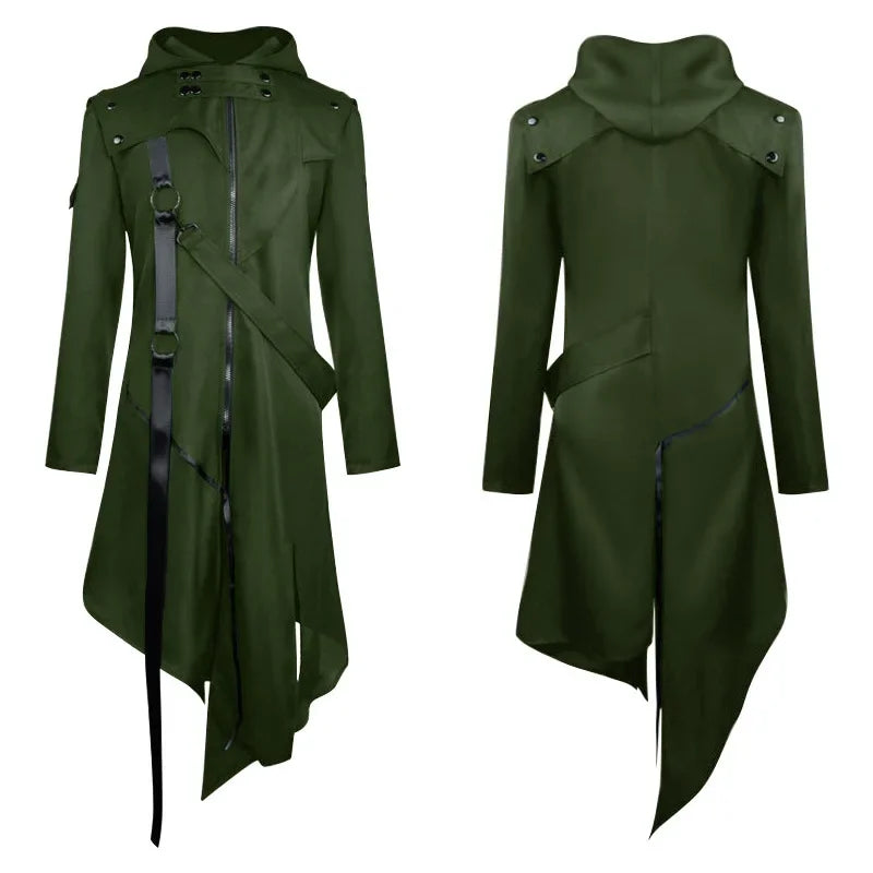 Men Gothic Steampunk Jacket Halloween Tailcoat Cosplay Hooded Assassin Costume Medieval Viking Warrior Zipper Black Coat 5XL