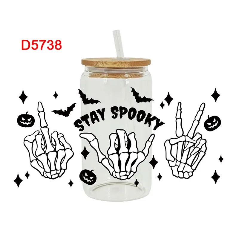 UV DTF Transfers Stickers, 16oz, Cup Wraps, Spooky Season, Halloween Printed for DIY Glass, Ceramic Metal Leather, Etc. D5736