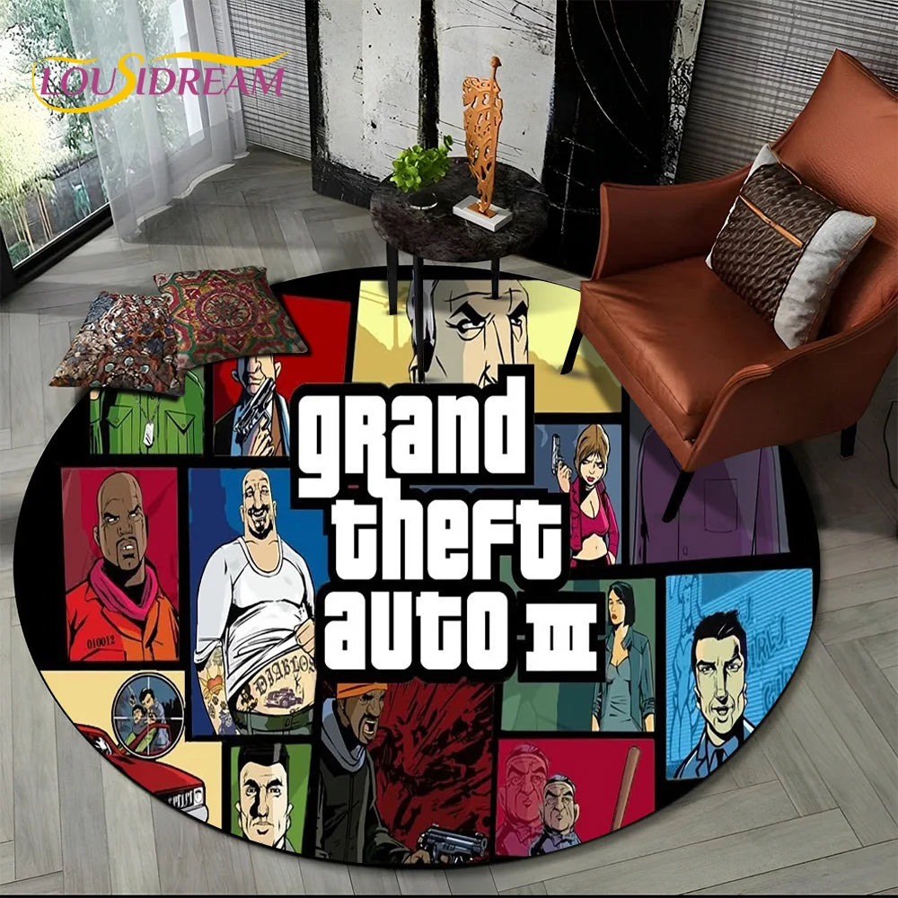 Grand Theft Auto Games GTA  Gamer Round Carpet Rug for Living Room Bedroom Child Playroom Decor,Pet Area Rug Non-slip Floor Mat