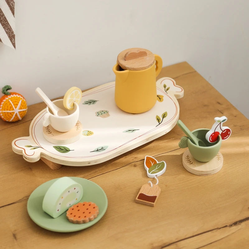 Kids Wooden Montessori Toys Afternoon Tea Set Pretend Play Kitchen Food Learning Role Play Game Baby Early Educational Toys Gift
