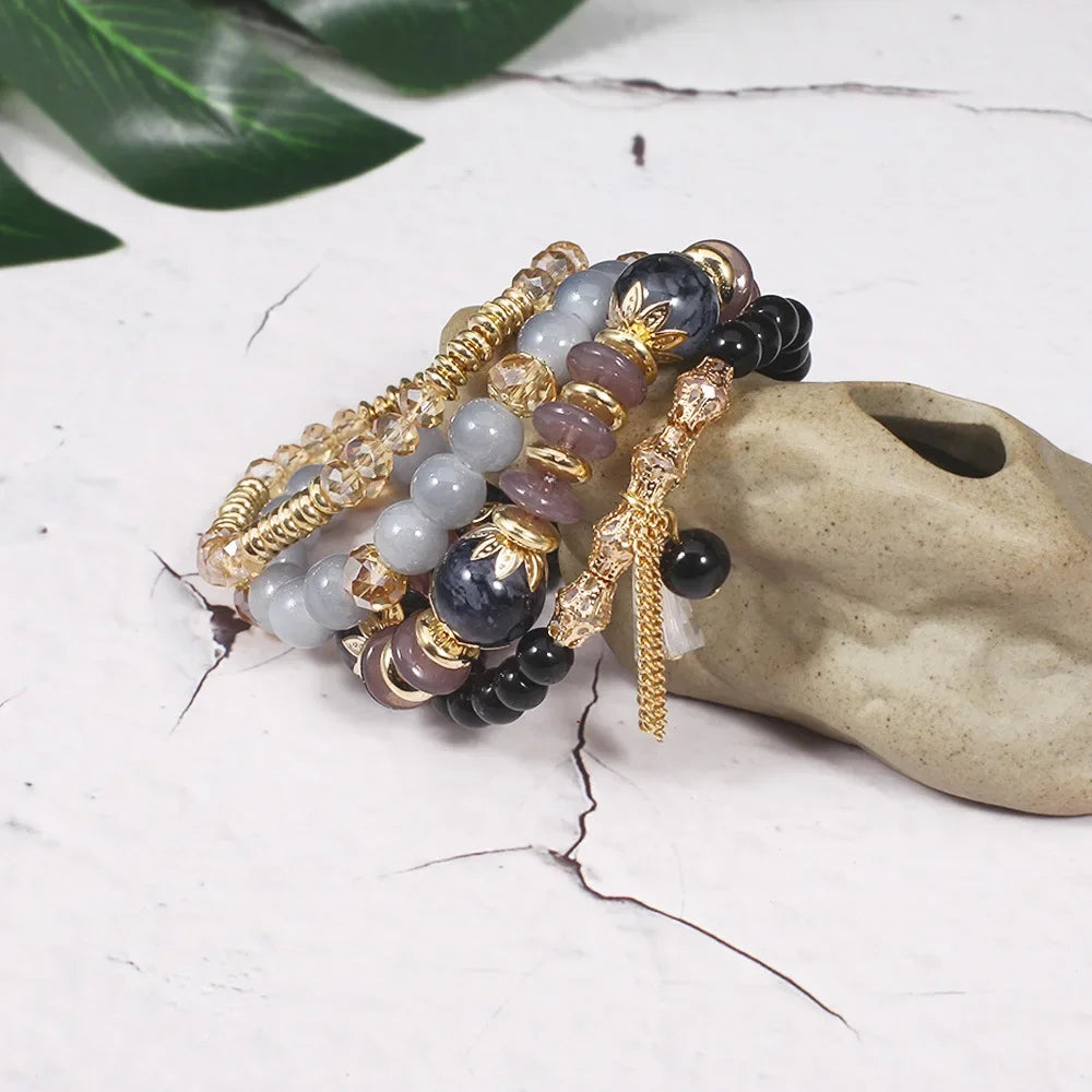 4Pcs/Set Boho Colorful Beads Bracelet Set For Women Fashion Tassel Charm Glass Beaded Chain Wristband Female Jewelry Gift