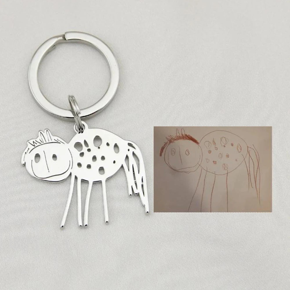 Customized actual children's painting keychain, Personalized photo art work keychain, Dad's memorial gift