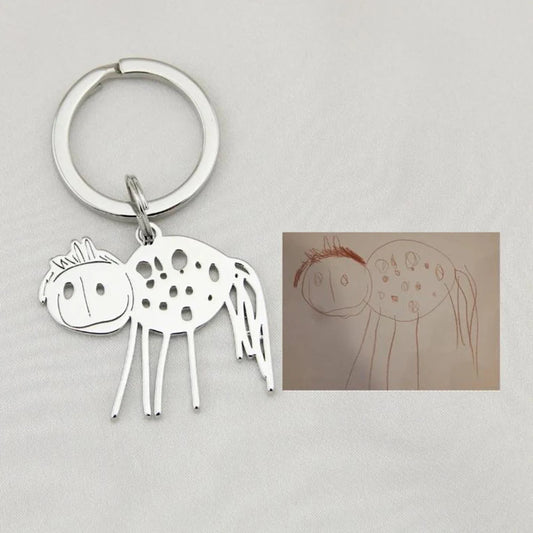Customized actual children's painting keychain, Personalized photo art work keychain, Dad's memorial gift