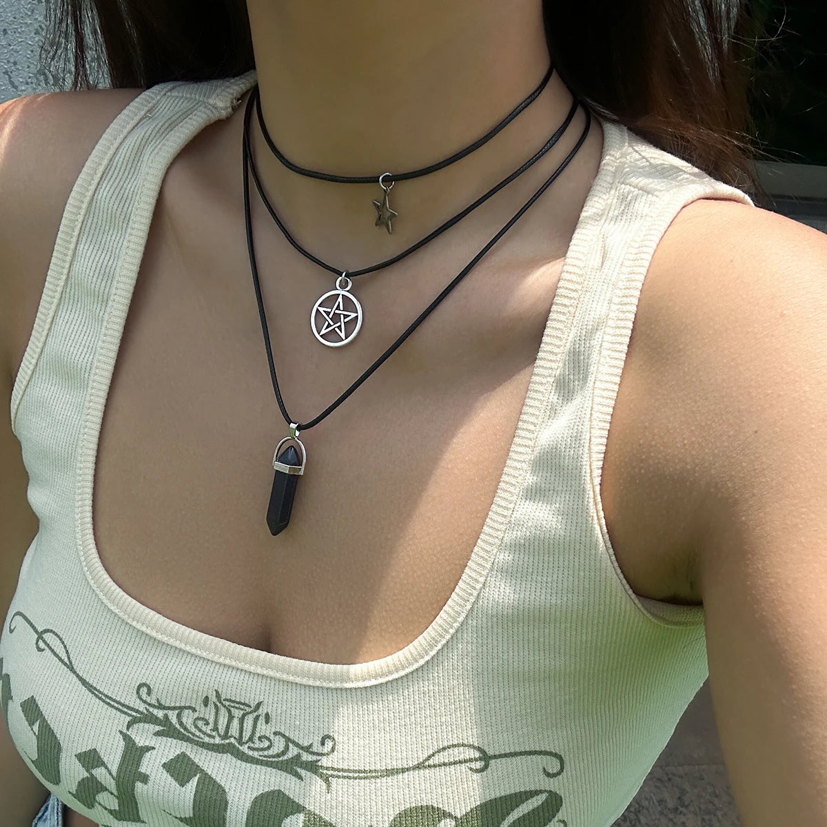 3Pcs/Set Goth Boho Pentagonal Star Crystal Leather Wax Thread Chain Necklace for Women Multilayer Choker Halloween Jewelry Gifts