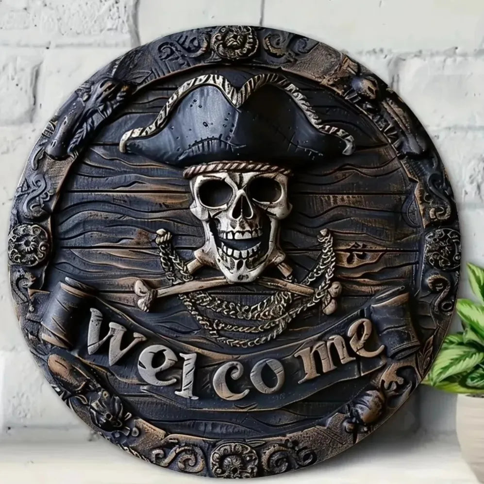 Spooky and Stylish: Pirate Skull Welcome Sign for Unforgettable Decor. Ideal for Halloween Party, a Great Gift Option