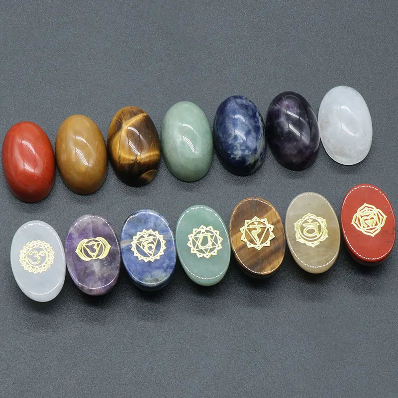 Set of 7 Pieces Natural Stones  Pendulum Reiki Healing Stones Engraved  Seven Chakra Symbols Reiki Healing Gems
