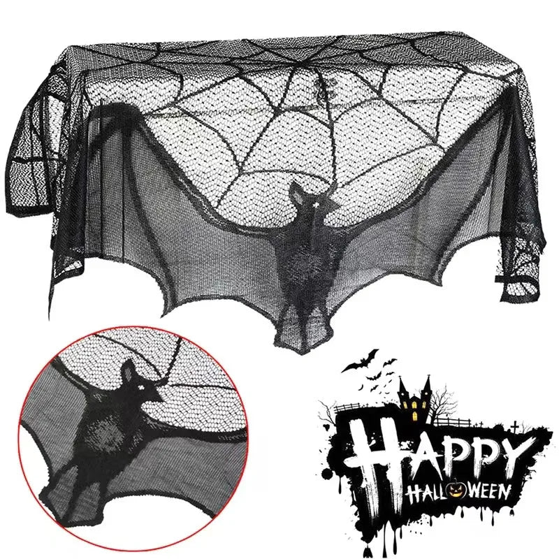 Halloween Lace Curtains Black Bat Tablecloth Hearthstone Scarf Cover Family Room Spider Web Horror Decoration Party Decoration