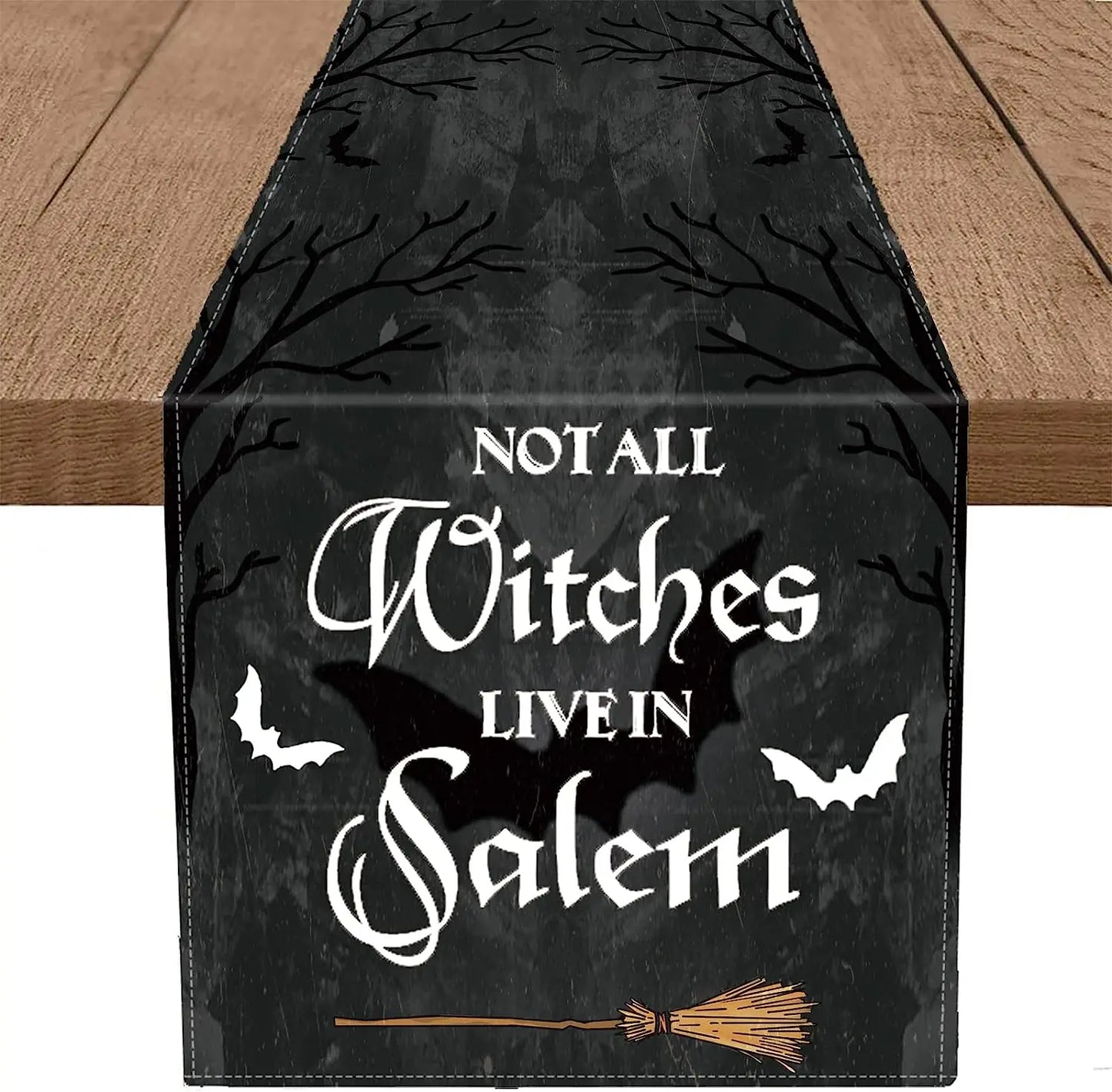 Halloween Bats Broom Not All Witches Live in Salem Holiday Runners Farmhouse Restaurant  Home Kitchen Interiors