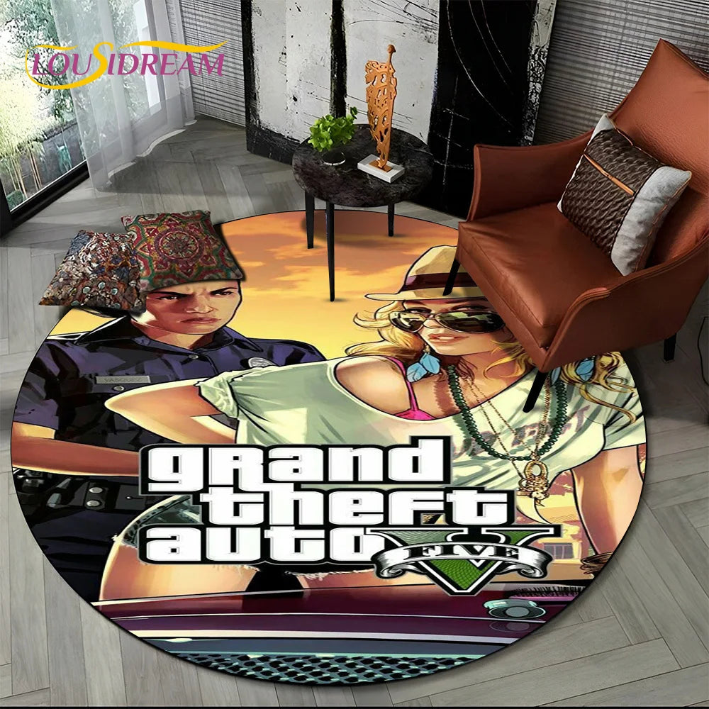 Grand Theft Auto Games GTA  Gamer Round Carpet Rug for Living Room Bedroom Child Playroom Decor,Pet Area Rug Non-slip Floor Mat