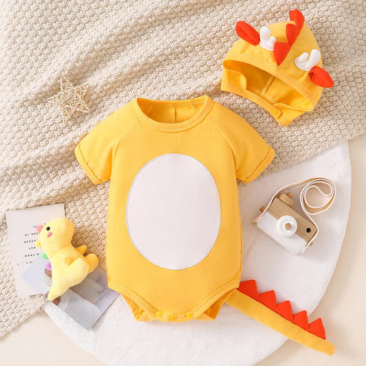 Adorable Toddler Dino Outfit Short Sleeve Round Neck Jumpsuit with Matching Hat Set Baby Clothing for Halloween
