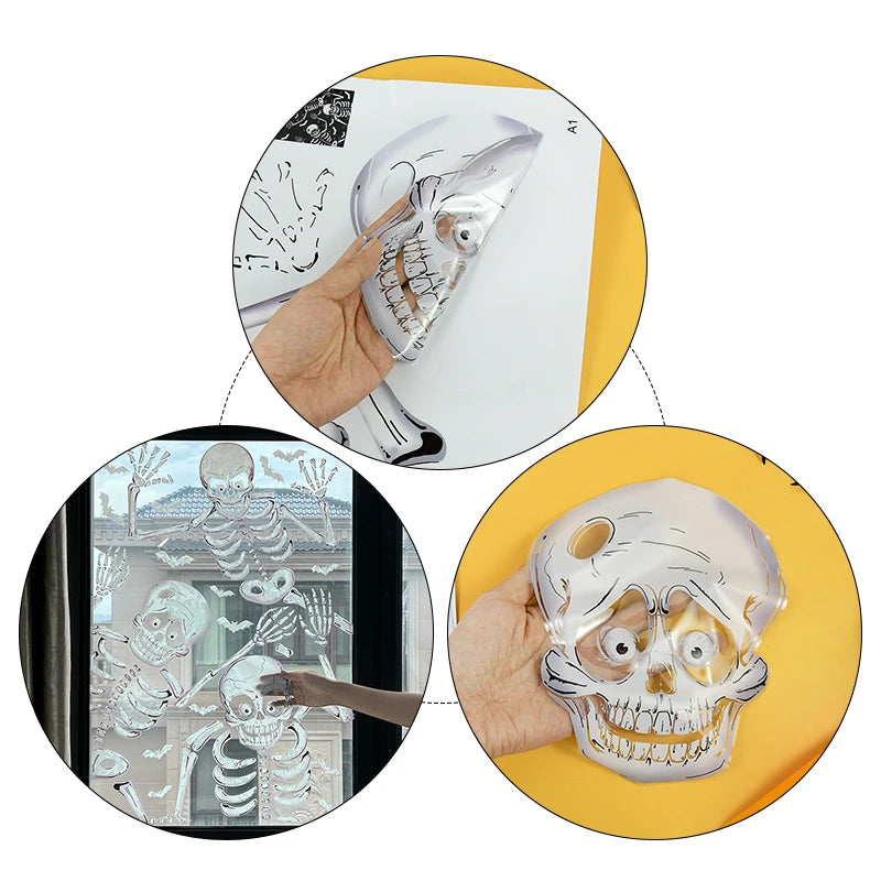 4Pcs Halloween Large Skeleton Wall Stickers Human Skull Bones Bat Window Stickers Halloween Party Scary Home Room Decal Decors