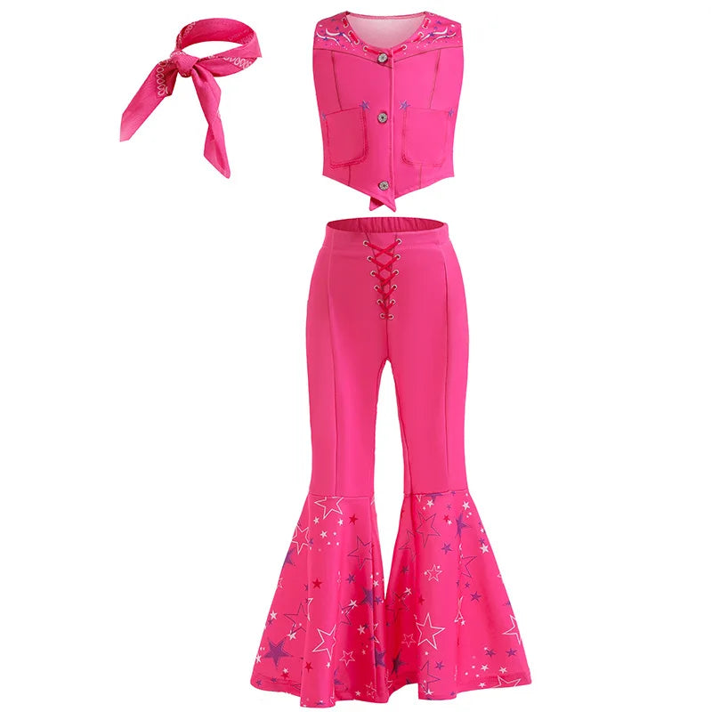 2PCS Pink Top+Trousers Suit with Hat Bag 2025 Girls Margot Robbie Barbi Dress Kids Carnival Halloween Cospaly Clothes Ball Gown