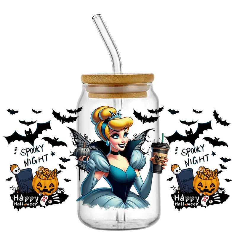 Miniso Halloween Stitch Mixed Cartoon Pattern Transfer Stickers Waterproof UV DTF Cup Wraps 3D Wrap Decal For 16oz Libbey Glass