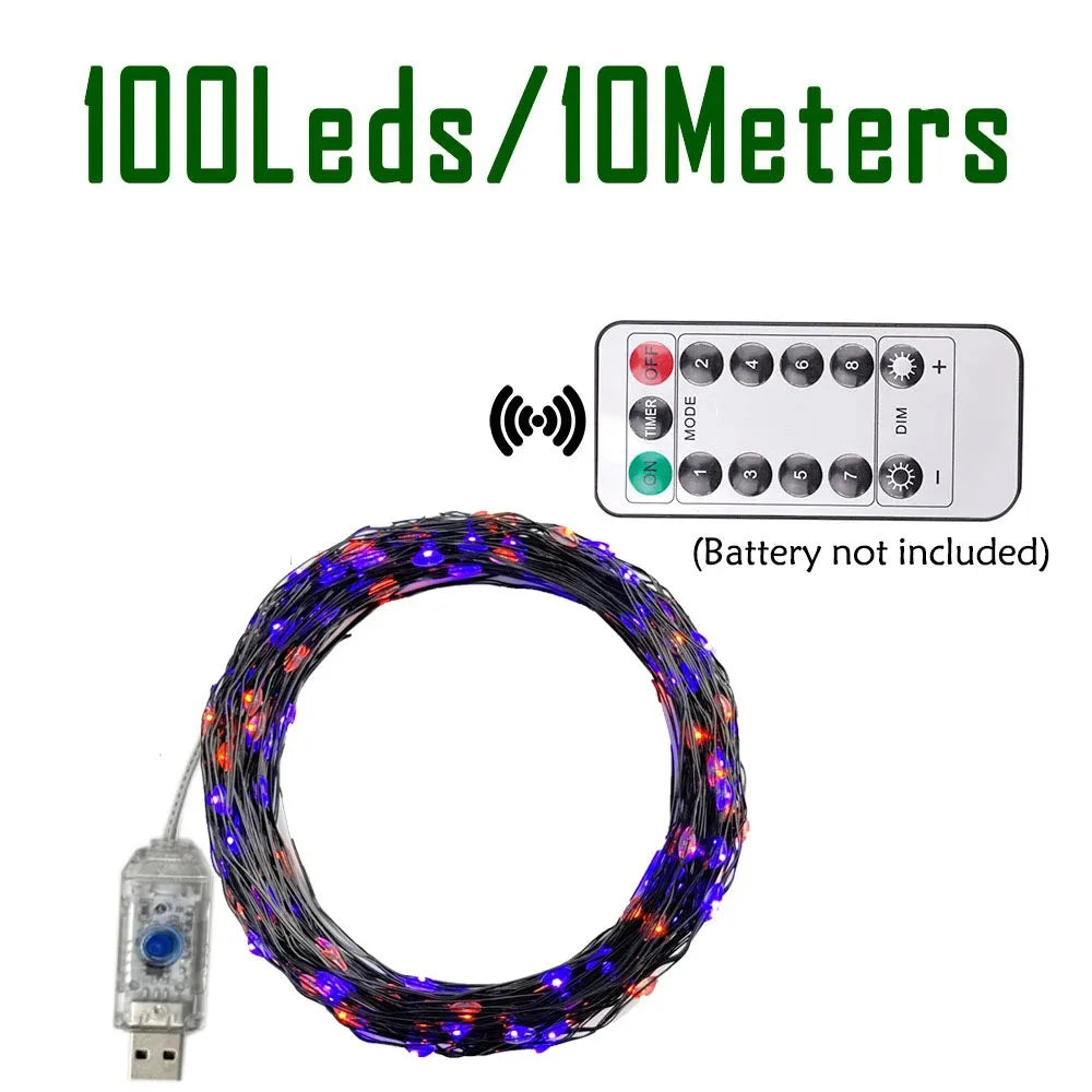 Purple and Orange Fairy String Lights Copper Black Wire Total 100-1200LED USB Fairy Lights With 8 Modes For Halloween Decoration