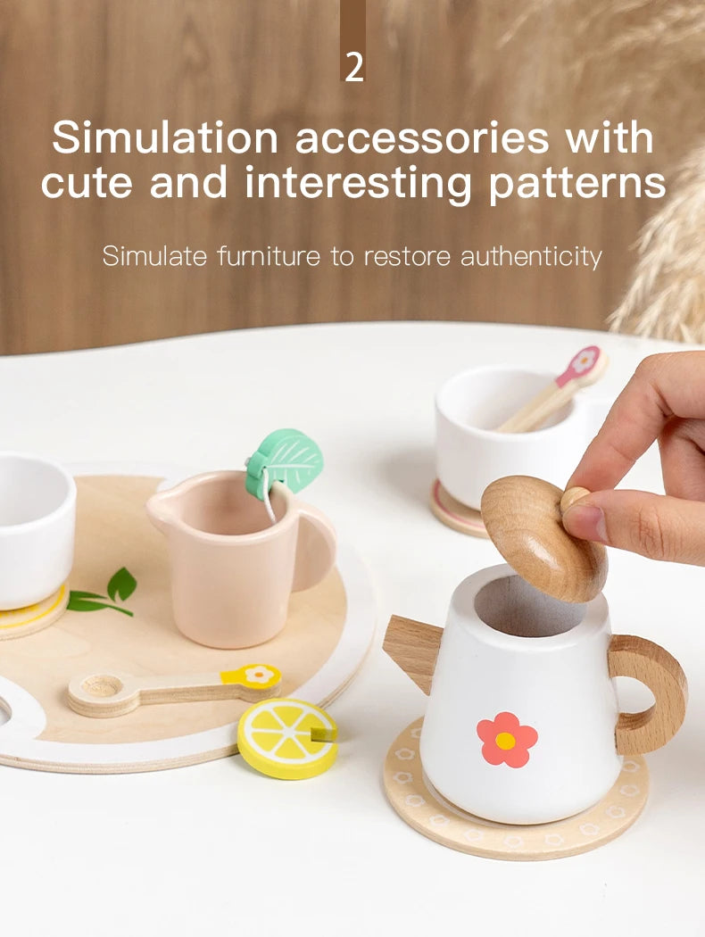 Kids Simulation Wooden Dessert Food Toys Kitchen Cookies Coffee Afternoon Tea Pretend Play Toys for Boy Girls Birthday Xmas Gift