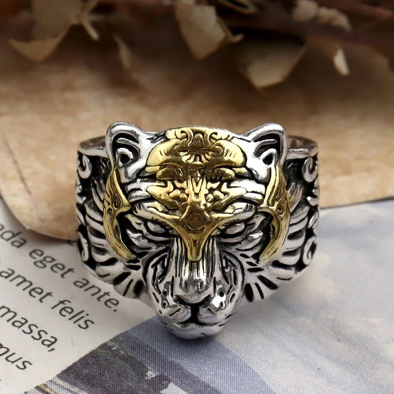 925 Silver Vintage Handsome Golded Tiger Head Mens Rings Hip Hop Style Domineering Ring Suitable for Daily Jewelry Wearing