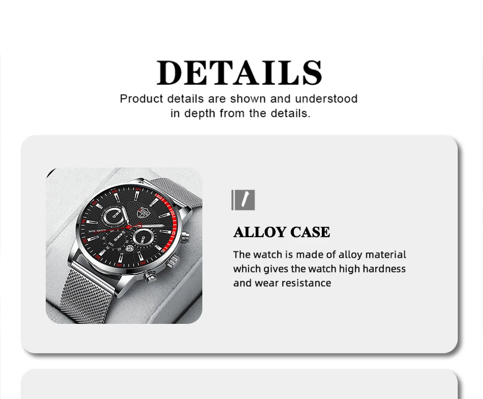 Mens Fashion Sports Watches Men Business Casual Quartz Wrist Watch Luxury Silvery Mesh Belt Watch