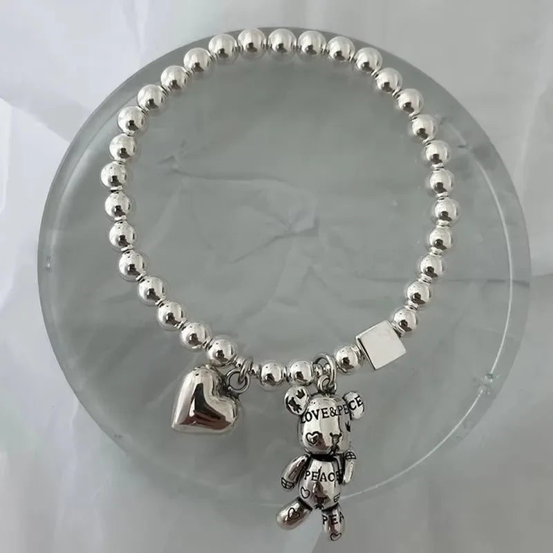 925 Sterling Silver Bracelets for Women String of Beads Accessories Trend Vintage Simple Cute Bear Pendant Party Jewelry  팔찌