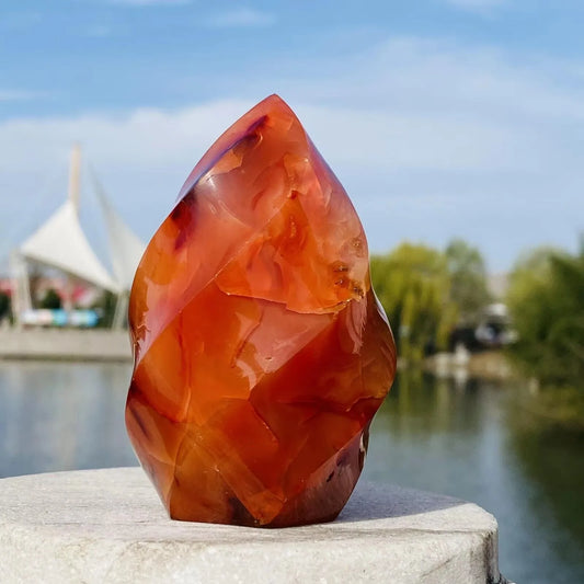 Natural Crystal Red Agate Torch Carnelian Flame Quartz Carving Ornament Gemstone Crafts Mineral Free Healing Reiki Decor