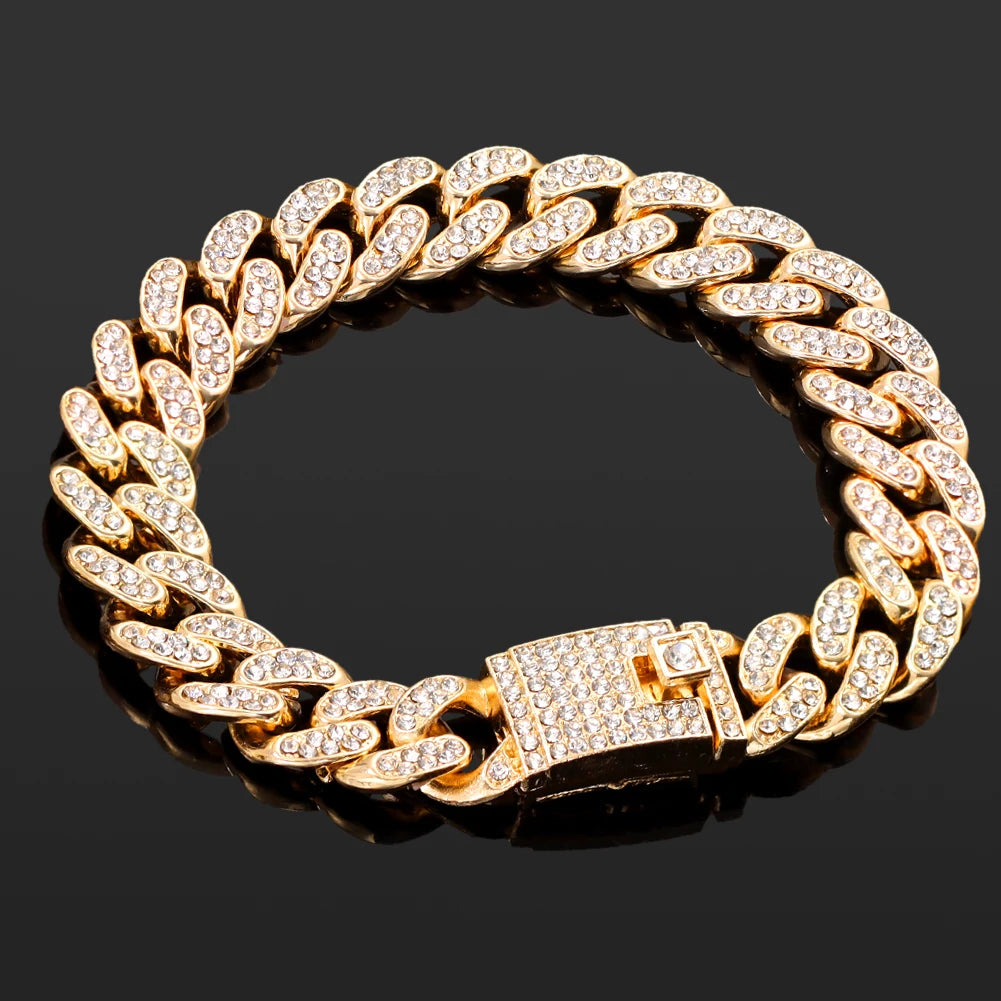 4Pcs Iced Out Chain Cuban Bracelet for Women Men Hip Hop Gold Silver Color Full Rhinestone Heart Circle Square Bracelet Jewelry