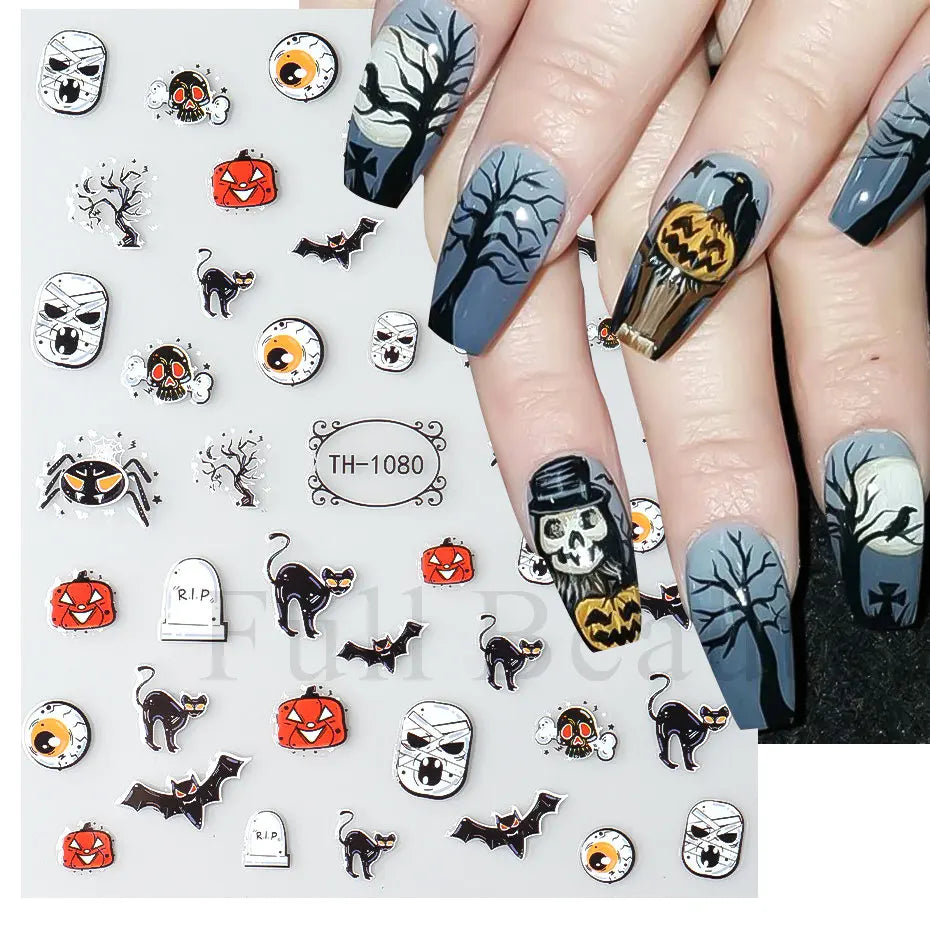 Nail Stickers Halloween Series Bat Skull Bone Ghost Pumpkin Pattern 3D Self Adhesive Decals For Nails Manicure Decoration LATH