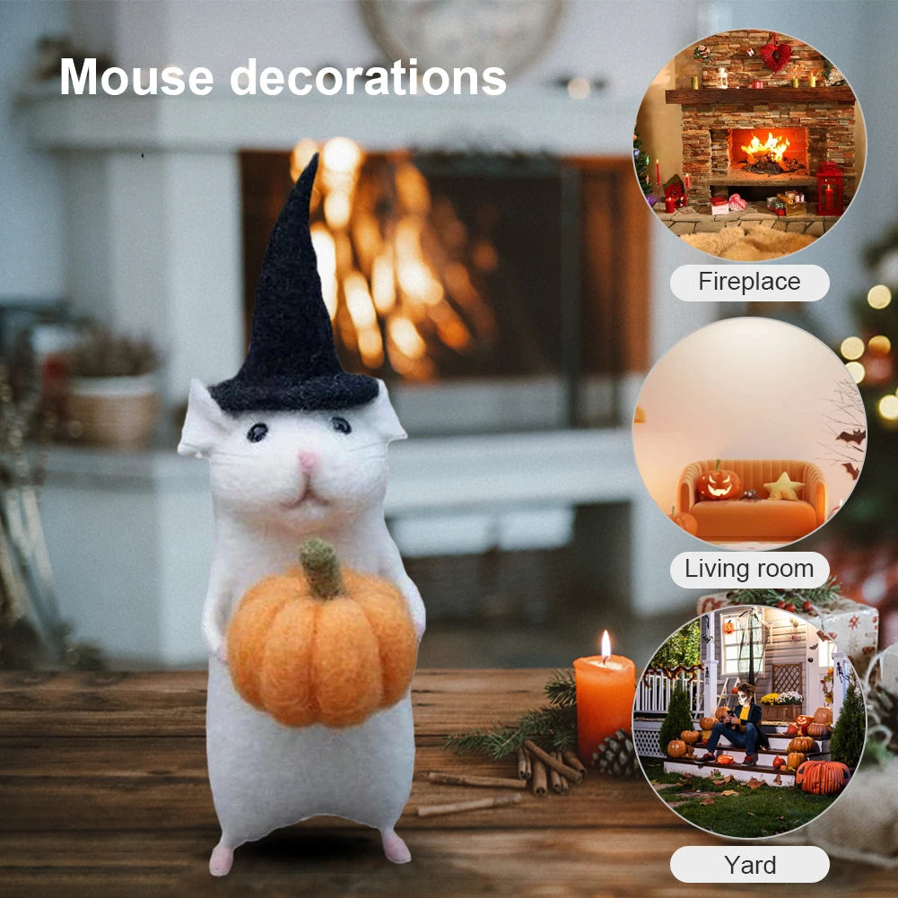 Halloween Handmade Wool Needle Felt Mouse Toy Set Desktop Decoration Creative Mini Little White Mouse Holding Pumpkin Cloth Doll